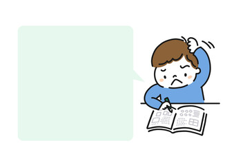 Illustration of a child learning and a balloon frame・学習中の子供のイラストと吹き出しフレーム