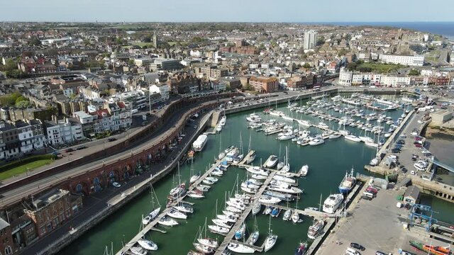 Ramsgate harbour kent UK aerial drone view point 4K.