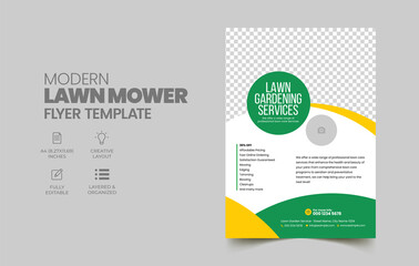 Lawn Mower Garden or Landscaping Service Flyer Template. Business Flyer poster pamphlet brochure cover design layout background, A4 size leaflet, grass, equipment, gardener