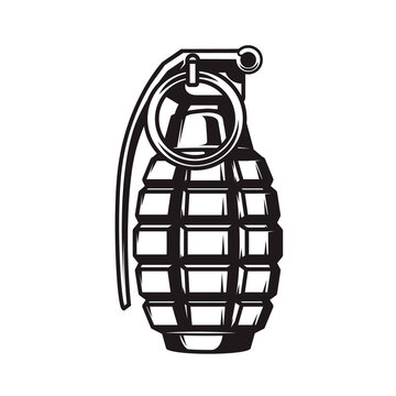 Illustration of hand grenade in monochrome style. Design element for logo, label, sign, emblem. Vector illustration