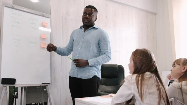 African American teacher teaching English two primary school girls