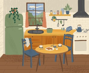 Modern kitchen interior hand drawn vector illustration. Cooking area with dining table in scandinavian cartoon style. Cozy hygge design. Home interior