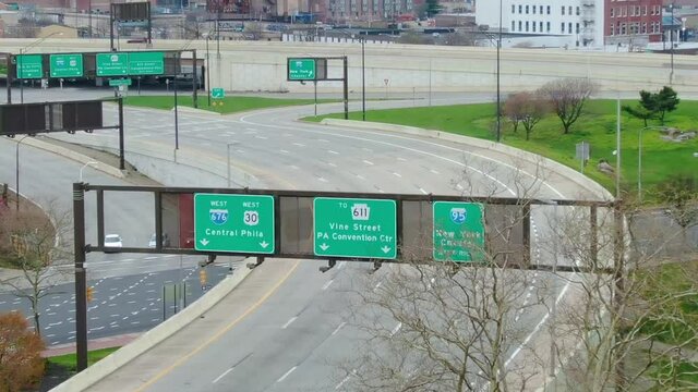 Apocalyptic scenery of an empty highway in Philadelphia during covid19 Pandemic. Aerial view with vertigo effect. Pennsylvania, USA.