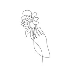 Hand with Flower One Line Drawing. Continuous Line of Simple Flower Illustration. Floral Hand Contemporary Botanical Drawing for Minimalist Covers, t-Shirt Print, Postcard, Banner etc. Vector EPS 10.