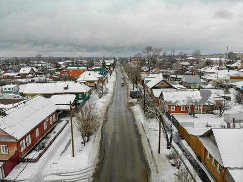 Aerial view of Kirov street in Sovetsk city in winter (Kirov region, Russia)