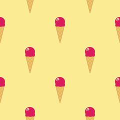 Line art vector illustration of waffle cone with ball of ice cream or gelato in pastel colors. Seamless pattern.