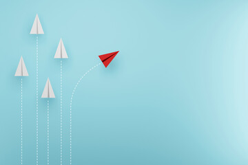 Group of paper plane in one direction and with one individual pointing in the different way. Business concept for new ideas creativity and innovative. 3d illustration