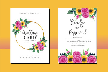 Wedding invitation frame set, floral watercolor hand drawn Pink Rose with Anemone Flower design Invitation Card Template