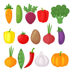 Bright vector illustration of colorful vegetables. Fresh cartoon organic vegetable isolated on white background used for magazine, book, poster, card, menu cover, web pages.