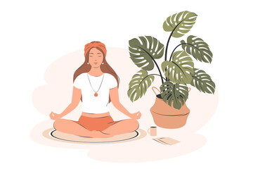 Smiling girl practicing yoga and enjoying meditation in her room or apartment. Concept illustration for yoga, meditation, relax, recreation, healthy lifestyle. Flat cartoon vector illustration.