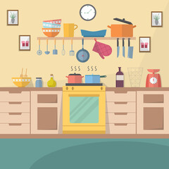 Kitchen room interior with furniture and kitchen tools for cooking. Vector illustration.