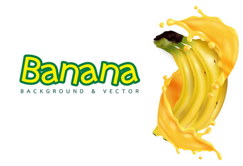 Banana juice splash Ads. Season sweet of tropical fruits. 3d realistic vector, Food concept design. of free space for your texts and branding.