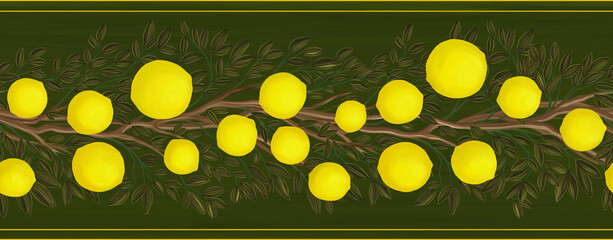 Horizontal seamless border with citrus fruit. Twigs with leaves and lemons fruits on dark green oil painting textured background. Hand drawn juicy fruits design element.