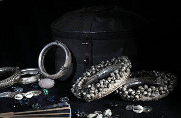 Pictures of Indian traditional silver jewelry and silver coins, a treasure of traditional rich life style and  rich culture. 