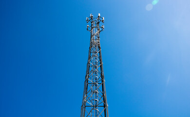 Telecom or telecommunication masts with clear blue sky background, show telecom tower...