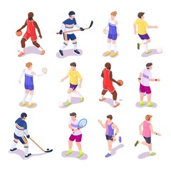 Fototapeta na wymiar Sport people set, vector illustration. Isometric basketball football, volleyball, hockey, tennis players, athlete runner