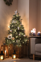 Interior of modern room with sofa and Christmas tree