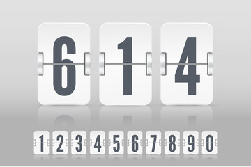 Set of white flip score board numbers with reflections for countdown timer or calendar isolated on light background. Vector template for your design.