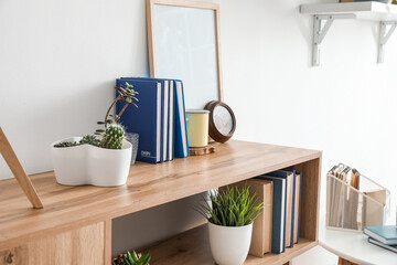 Shelf unit with books and plants near light wall