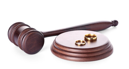 Judge's gavel with rings on white background