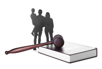 Judge's gavel with family figures and law book on white background