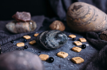 Place for your product on stone on a witch's table in a dark atmosphere. Mockup.