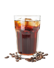 Glass of tasty cold brew and coffee beans on white background