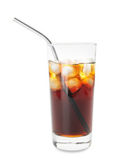Glass of tasty cold brew with straw on white background