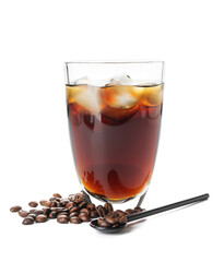Glass of tasty cold brew and coffee beans on white background