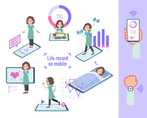 スマートフォンで行動と健康を管理しているチュニック中年女性のセット