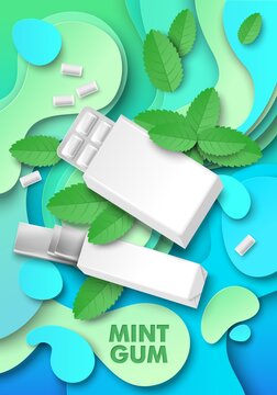 Mint Chewing Gum Ads Template, Vector Illustration. Pad And Slab Bubble Gum Package Mockup, Paper Cut Green Mint Leaves.