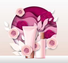Obraz premium Cosmetic packaging bottle mockup, paper cut pink floral background, vector illustration. Skin care product ads template.