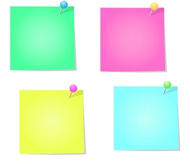 A set of four colored paper notes with pins. Background for text. Vector illustration.