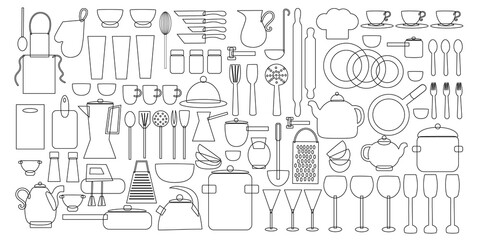 Doodle set of utensils and kitchen utensils for cooking in strokes. Flat vector illustration isolated on white background.