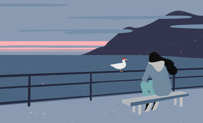 Back view of sad teenager girl sitting on the pier