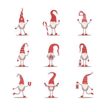Cute gnomes in red santa hats on white background. Scandinavian christmas elves. Vector illustration in flat cartoon style. Nordic element design for greeting cards, season greetings, web, wrapper.