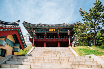 Jinnamgwan Hall Korean traditional architecture in Yeosu, Korea (Translation is Manghaeru)