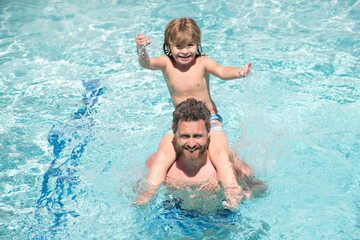 Father and son in pool. Family summer vacation. Pool party. Boy with dad playing in swimming pool....