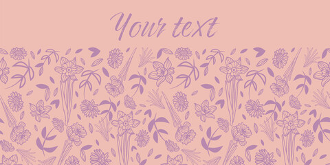 Vector pink violet flowers border seamless pattern