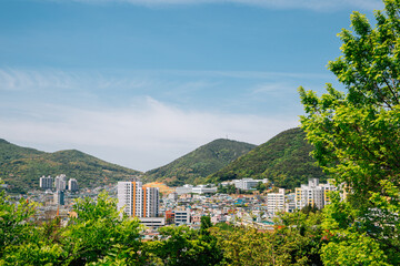 View of Yeosu city and mountains from Jasan Park in Yeosu, Korea