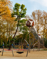 Budapest City park big playground in aerialpanormaic photo. Renwed nice play place for children all ages. Amazing bright morning lights.