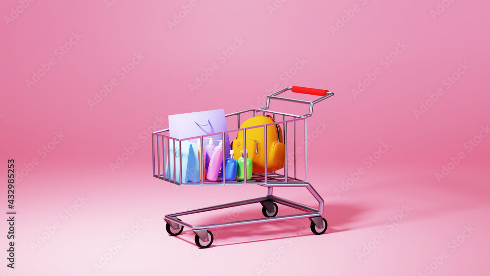 Poster 3d render of goods and trolley. business online mobile and e-commerce on web shopping concept. secur