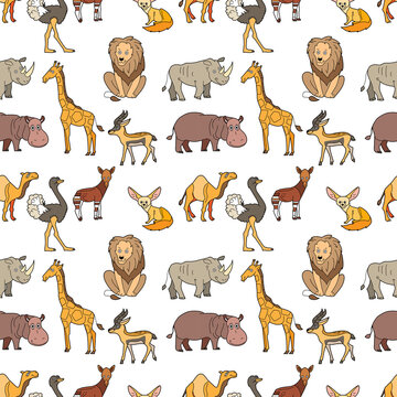Endless texture with cute funny animals living in Africa. Seamless pattern with giraffe, lion and hippo for kid design