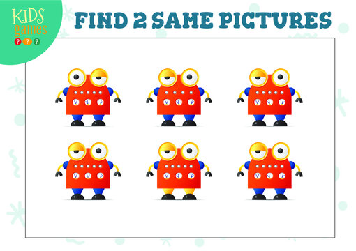 Find two same pictures kids game vector illustration. Activity for preschool children with matching objects and finding 2 identical. Cartoon cute robot