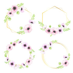 watercolor hand drawn anemone flower bouquet wreath with gold geometric frame for banner collection