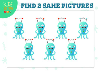 Find two same pictures kids puzzle vector illustration. Activity for preschool children with matching objects and finding 2 identical. Cartoon funny robot game