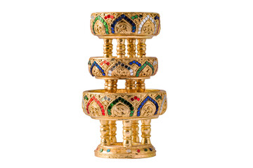 Gold wooden of ancient art traditional northern thai (Chiang mai) food tray called Khantoke, isolated on white background, kind of wooden utensil in northern Thailand..