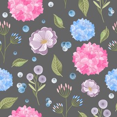Seamless pattern with a Hydrangea flower on a beautiful background. Vector illustration.