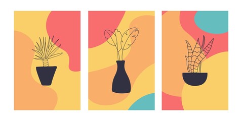 Abstract tropical leaves in vase set. Hand drawn botanical minimalist composition in bright colors, trendy interior poster or print. Modern bohemian illustration, vector social media background