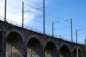 Stone railway viaduct witch arcs at city of Zurich. Photo taken May 10th, 2021, Zurich, Switzerland.
